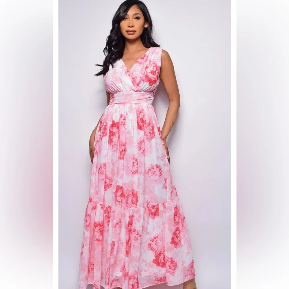 Aura Red Dress Pink and white Floral Maxi Dress fully lined Roses Beautiful
